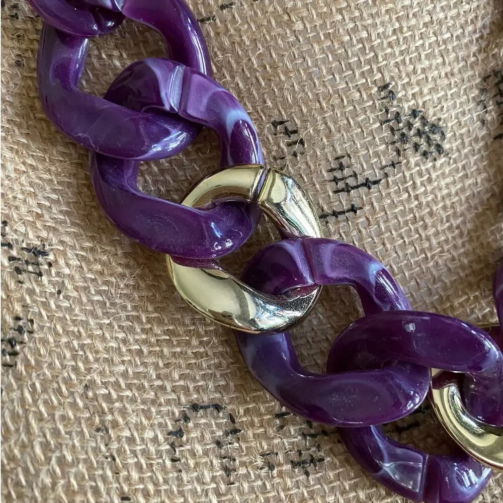 Vintage Purple Chunky Link Statement Necklace Gold Tone 80s–90s Retro Bold
